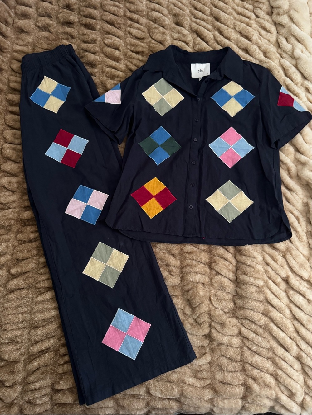 YLLW : MAE 100% LINEN SHIRT NAVY BLUE QUILT PATCHWORK YELLOW THE LABEL PANT SET